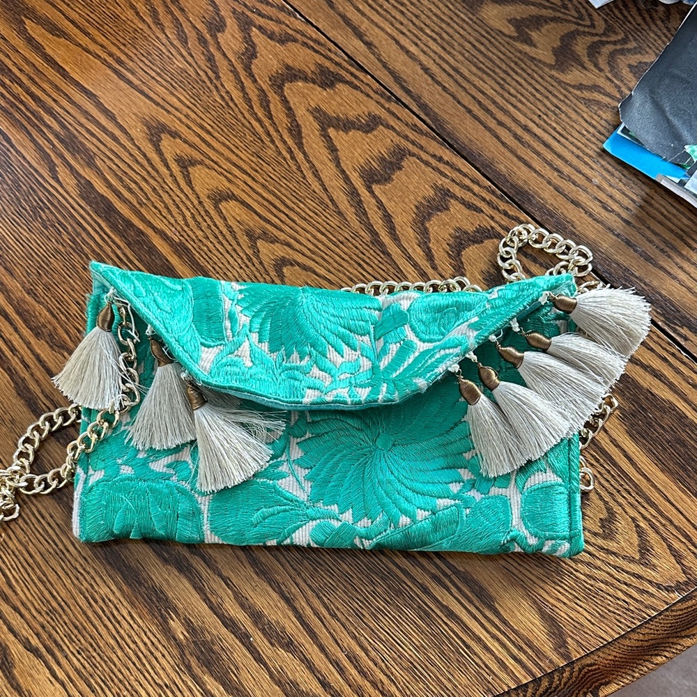 Turquoise Embroidered Tassel Clutch with Chain Strap